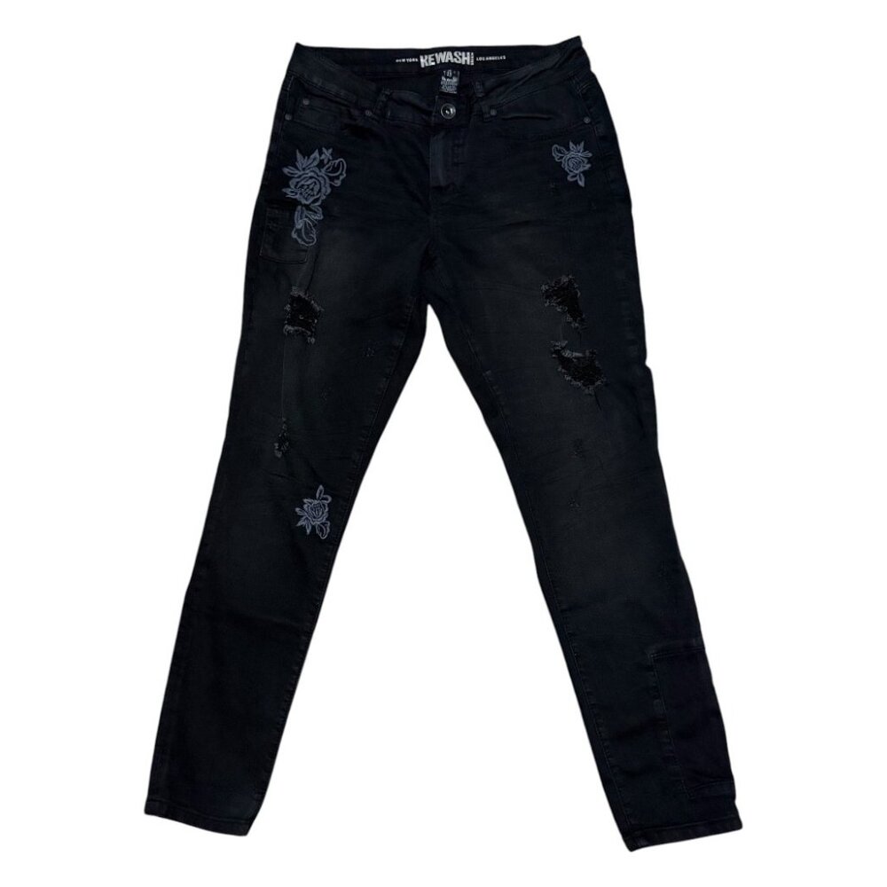 Rewash Brand Distressed Embroidered Skinny Jeans Size 13 Black Blue Stretchy